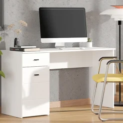 Scrivania Bianco Opaco Nero un Cassetto un Ripiano 140x50x77h cm, Un'anta - Porven