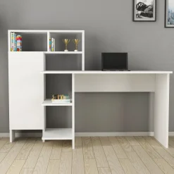 Scrivania Bianco 6 Ripiani Un'anta 136x60x112h cm, 7 Vani - Cremella