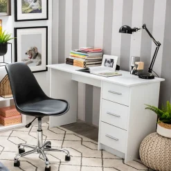 Scrivania Bianco un Ripiano 3 Cassetti 121x50x74.5h cm, Maniglie Incluse - Rifiano