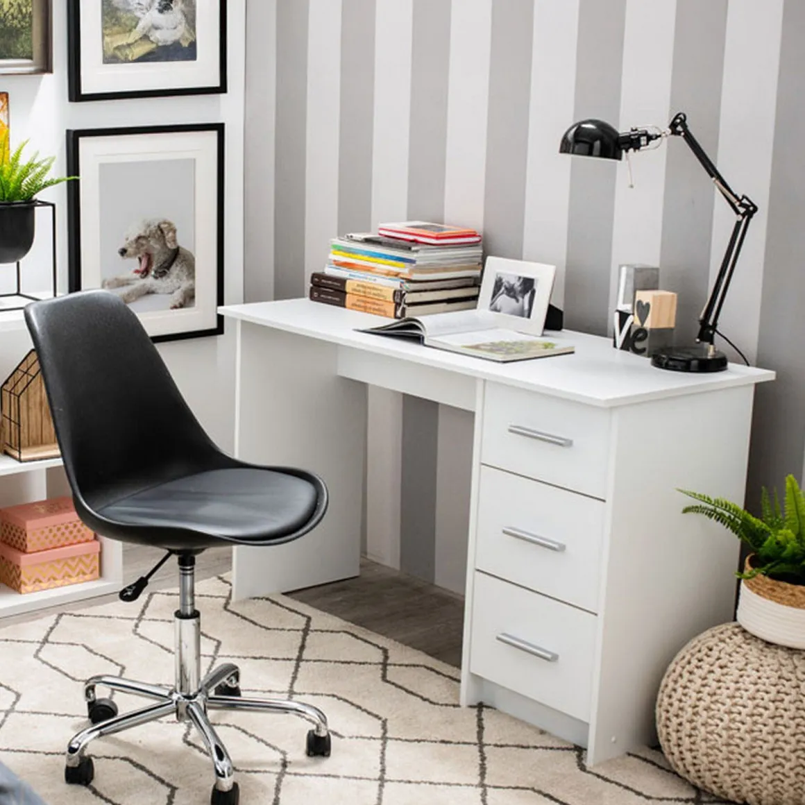 Scrivania Bianco un Ripiano 3 Cassetti 121x50x74.5h cm, Maniglie Incluse - Rifiano
