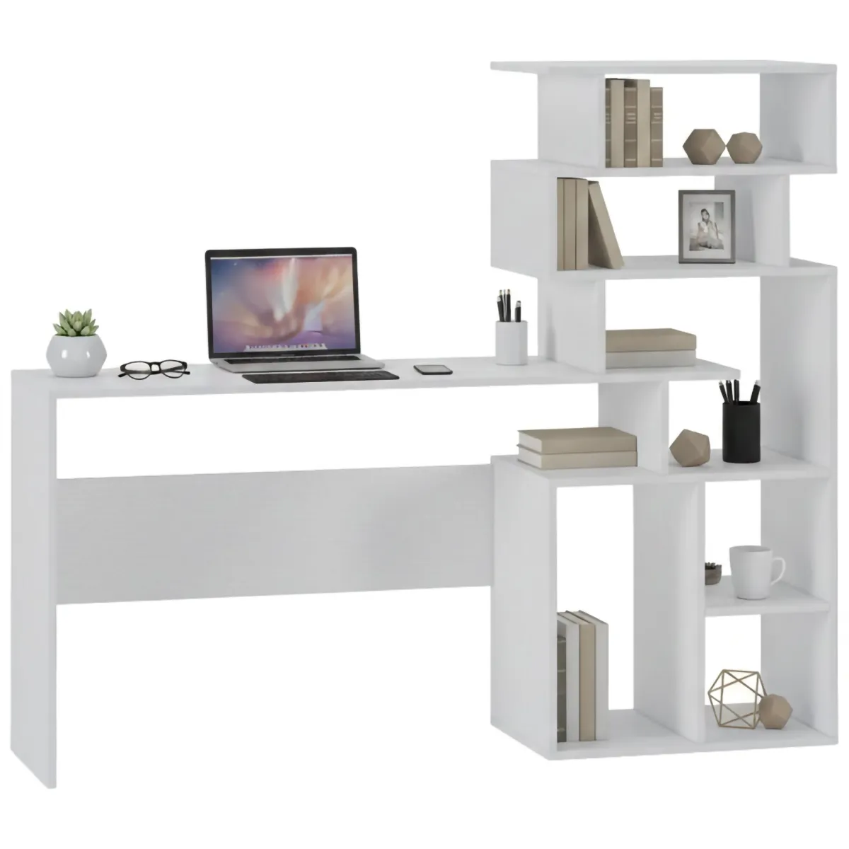 Scrivanie > Dmora Scrivania 6 Vani Materiale Piano in Legno Nobilitato 158x40x135h cm, Colore Ripiano - Nicolosi Bianco
