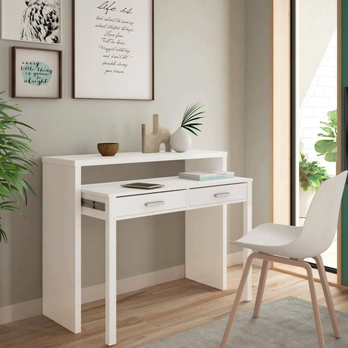 Scrivania estensibile bianca 98x36cm con 2 cassetti - Andriy