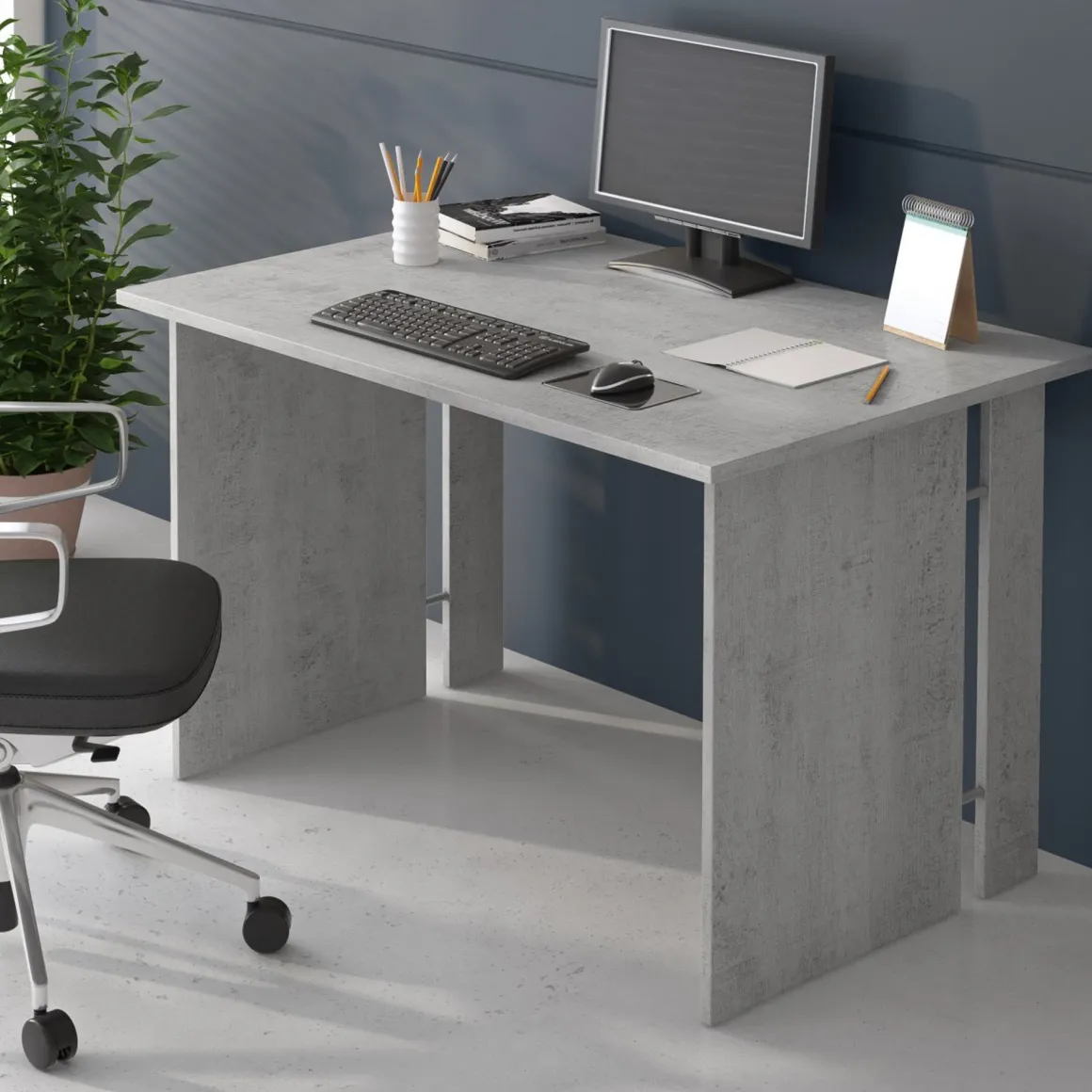 Scrivania Grigio Cemento Modulabile Fori Passacavi 119x78.2x75h cm, Colore Ripiano Grigio - Ullano