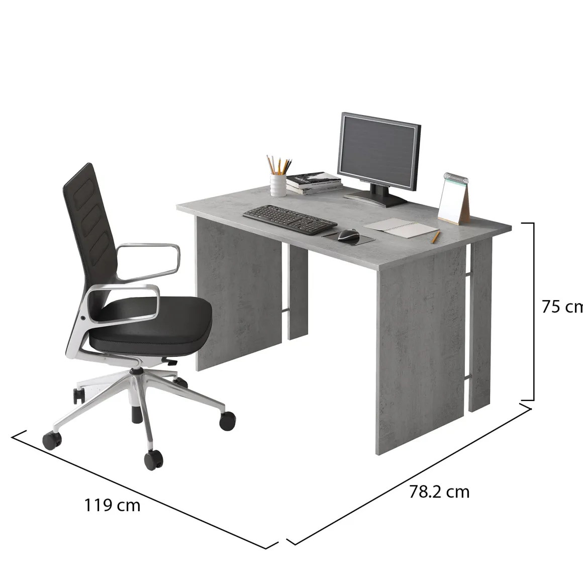 Scrivania Grigio Cemento Modulabile Fori Passacavi 119x78.2x75h cm, Colore Ripiano Grigio - Ullano