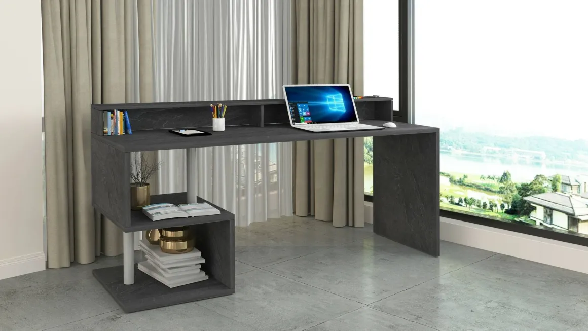 Scrivania lineare ardesia 180x60cm con supporto computer - Arre