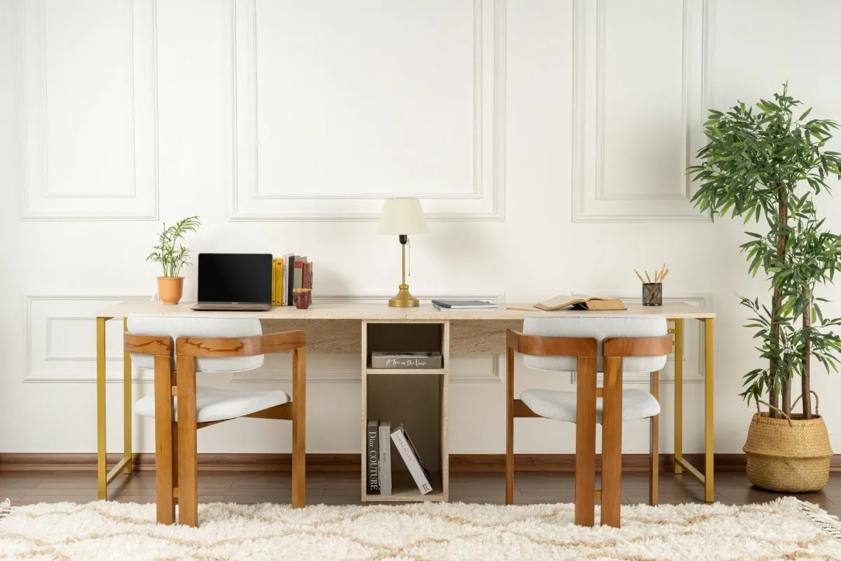 Scrivanie > Dmora Scrivania lineare beige e oro 240x60cm con supporto computer - Violet Oro, Beige