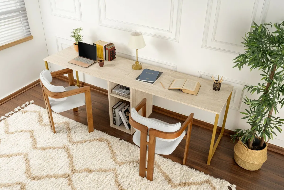 Scrivanie > Dmora Scrivania lineare beige e oro 240x60cm con supporto computer - Violet Oro, Beige