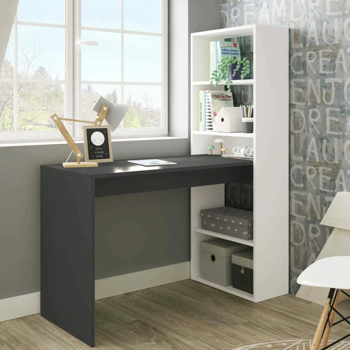 Scrivania lineare bianca e antracite 120x53cm con libreria - Ali