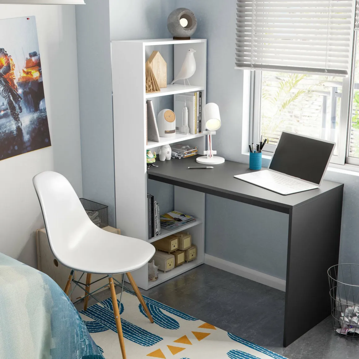 Scrivania lineare bianca e antracite 120x53cm con libreria - Ali