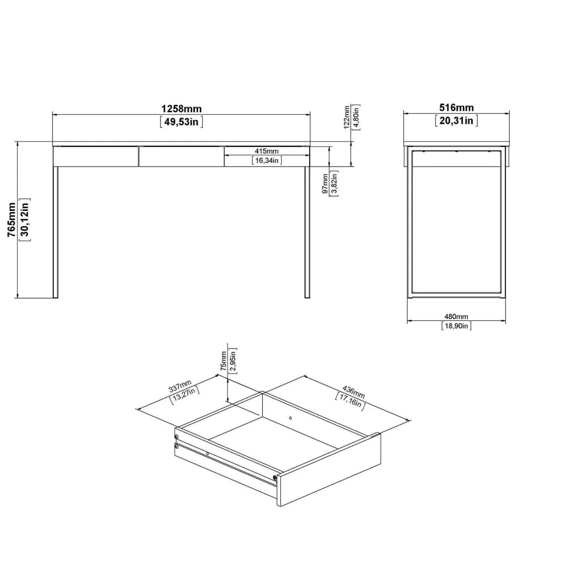 Scrivania lineare bianca e grigia 125x51cm con 3 cassetti - Amadeo