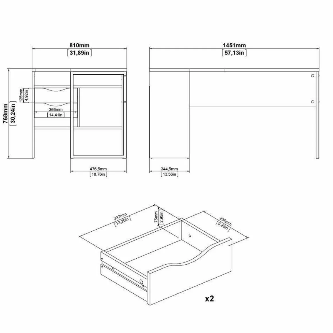 Scrivania lineare bianca e grigia 145x81cm con 2 cassetti - Moire