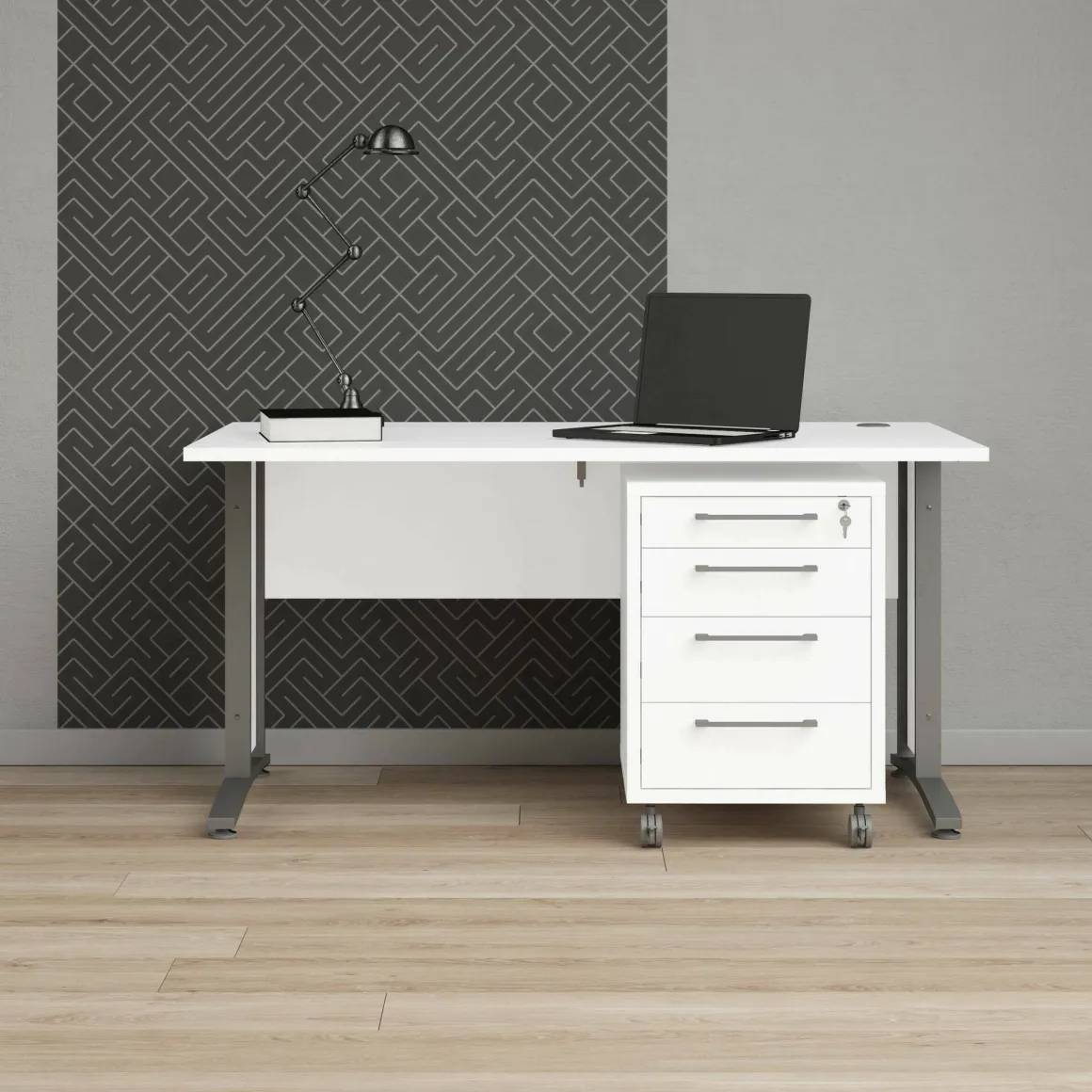 Scrivania lineare bianca e grigia 150x80cm con 3 cassetti - Azzaro