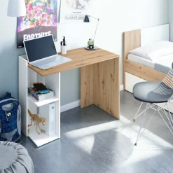 Ufficio|Camera Da Letto > Dmora Scrivania lineare bianca e legno 110x50cm con libreria - Zefiro Marrone, Bianco Rovere Nodi