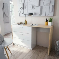 Scrivania lineare bianca e legno 130x40cm con 3 cassetti - Armando