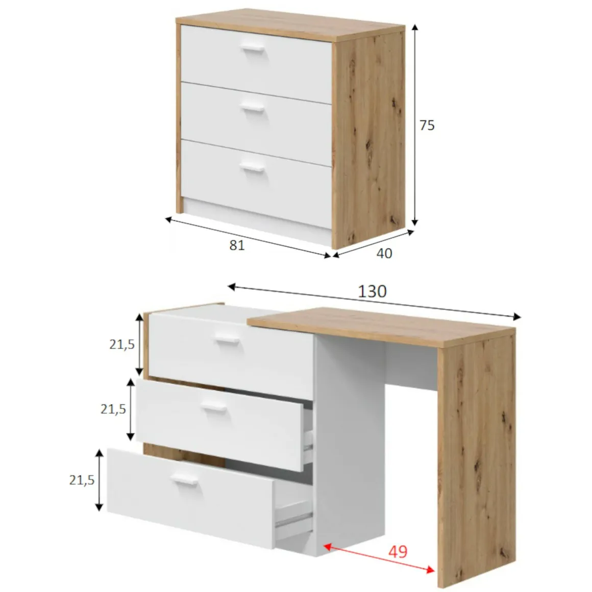 Scrivania lineare bianca e legno 130x40cm con 3 cassetti - Armando