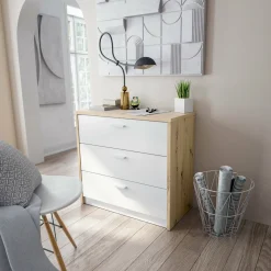 Scrivania lineare bianca e legno 130x40cm con 3 cassetti - Armando