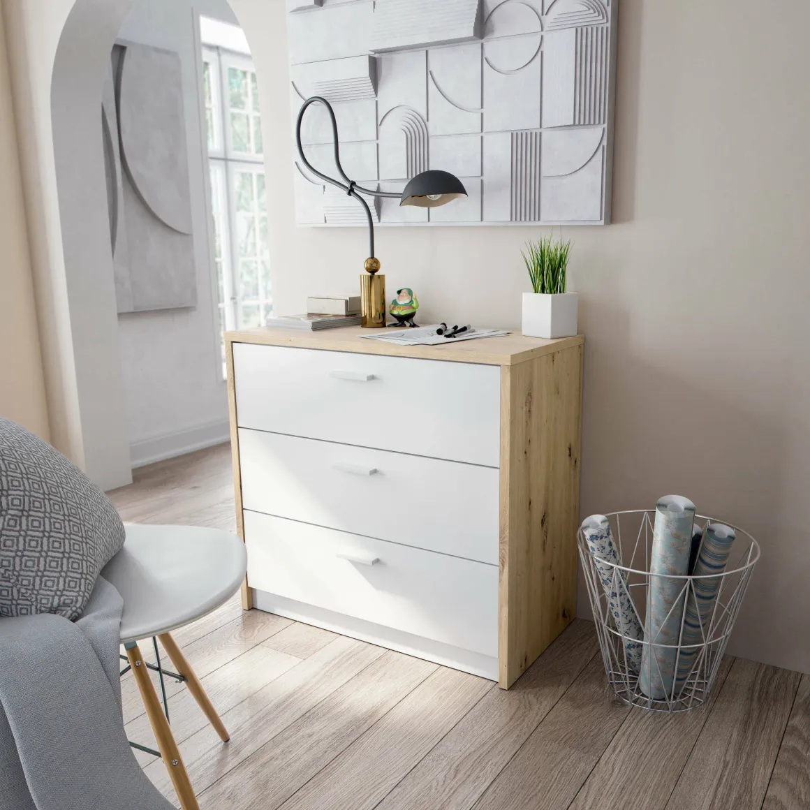 Scrivania lineare bianca e legno 130x40cm con 3 cassetti - Armando