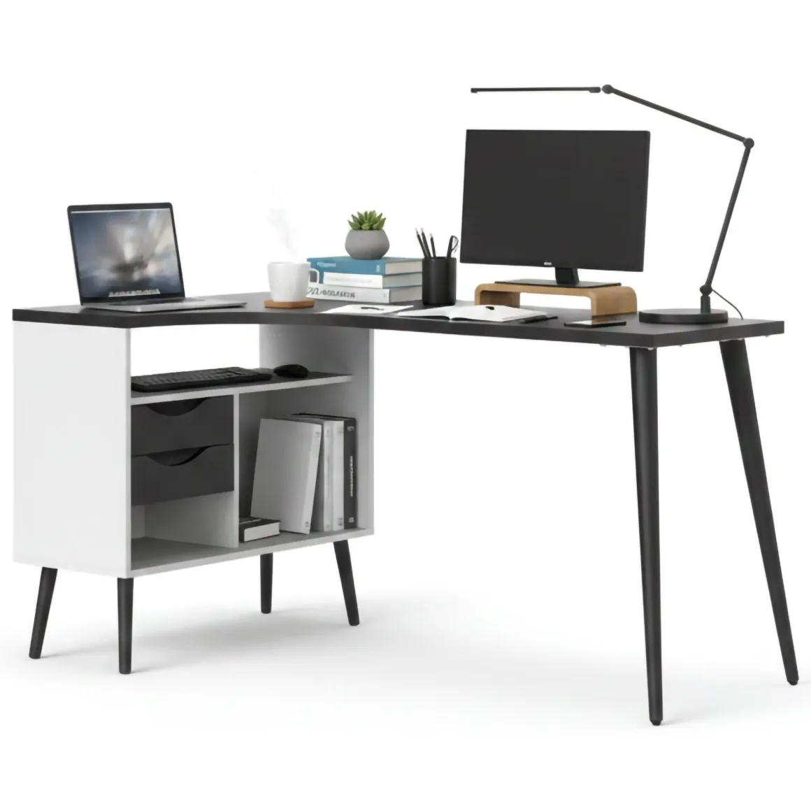 Scrivania lineare bianca e nera 145x81cm con 2 cassetti - Katherine