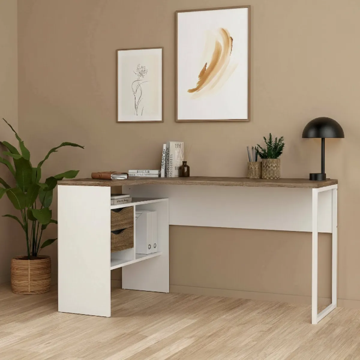Scrivanie > Dmora Scrivania lineare bianca e noce 145x81cm con 2 cassetti - Moire Marrone, Bianco Noce
