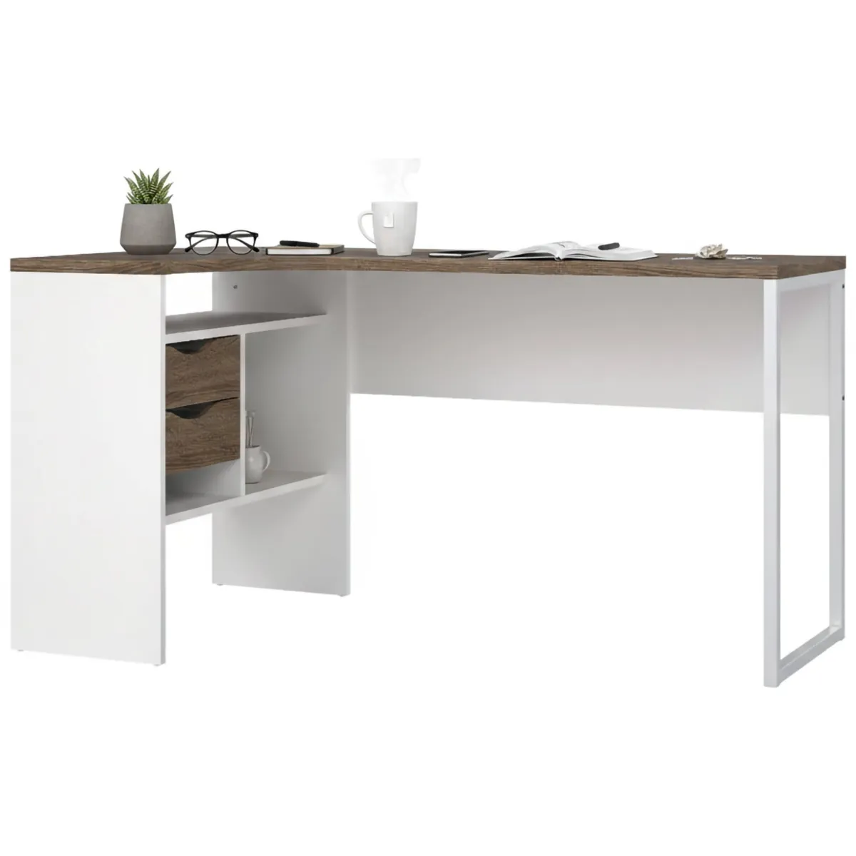Scrivanie > Dmora Scrivania lineare bianca e noce 145x81cm con 2 cassetti - Moire Marrone, Bianco Noce