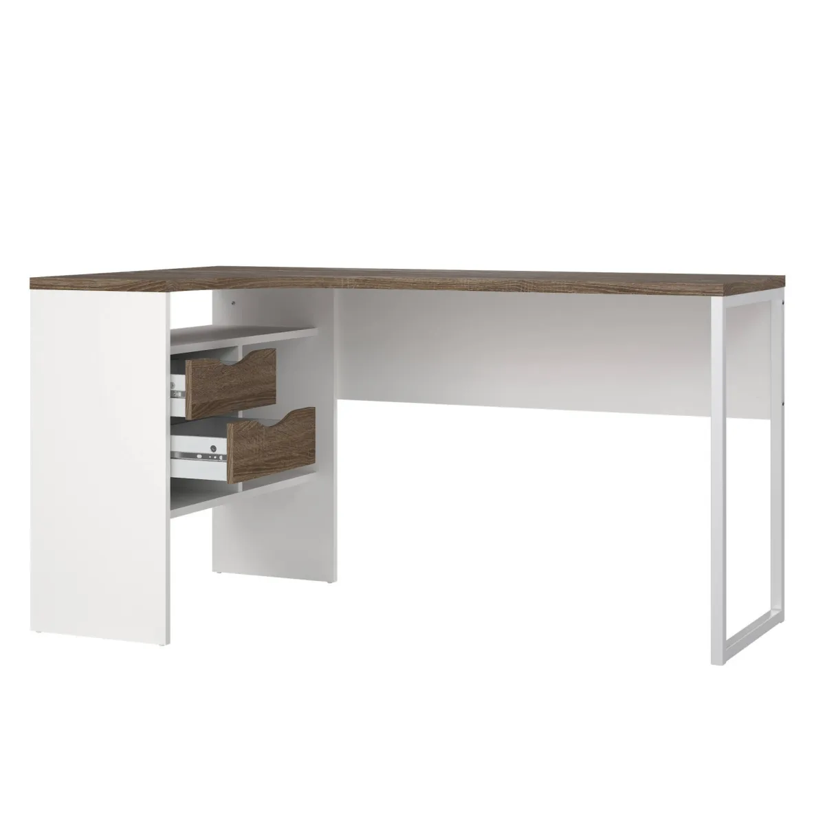 Scrivanie > Dmora Scrivania lineare bianca e noce 145x81cm con 2 cassetti - Moire Marrone, Bianco Noce