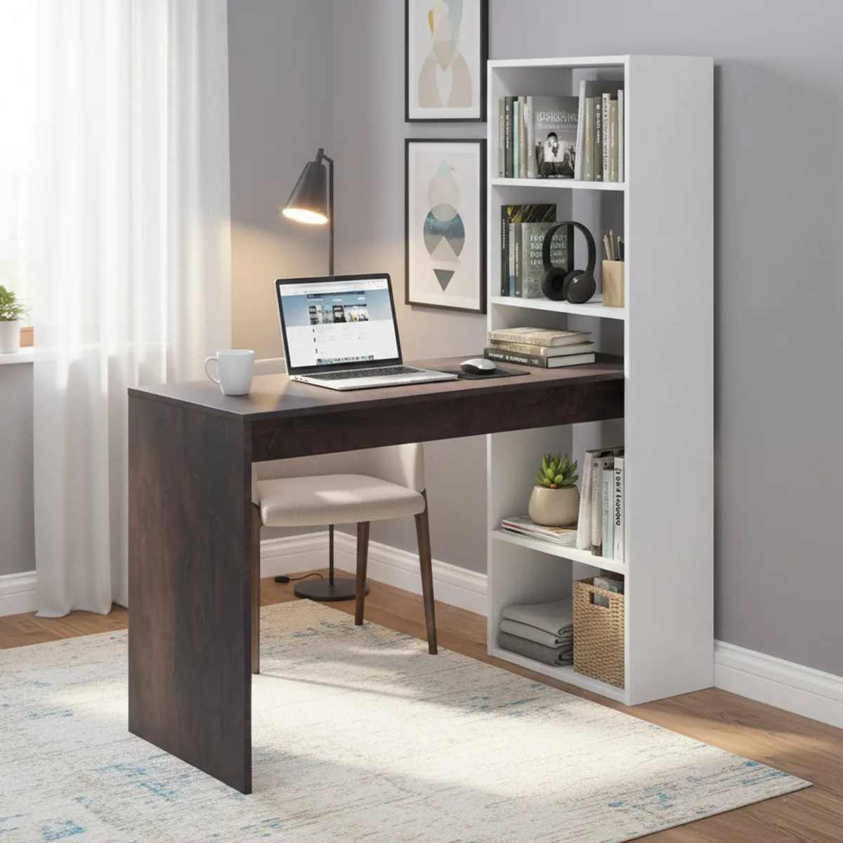 Ufficio|Camera Da Letto > Dmora Scrivania lineare bianca e ossido 120x53cm con libreria - Ali Marrone, Bianco Ossido