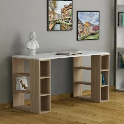 Scrivanie > Dmora Scrivania lineare bianca e quercia 140x60cm in legno - Archidamia Marrone, Bianco Quercia