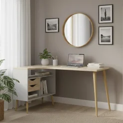 Scrivanie > Dmora Scrivania lineare bianca e quercia 145x81cm in legno - Moire Marrone, Bianco Quercia