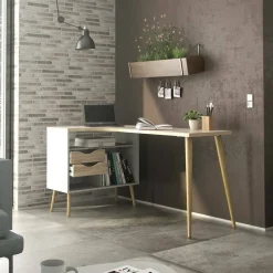 Scrivania lineare bianca e quercia 145x81cm con 2 cassetti - Katherine