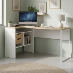Scrivania lineare bianca e rovere 145x81cm con 2 cassetti - Moire
