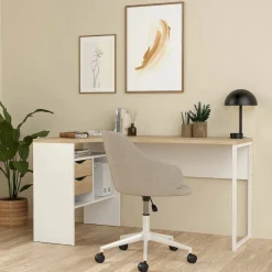 Scrivania lineare bianca e rovere 145x81cm con 2 cassetti - Moire