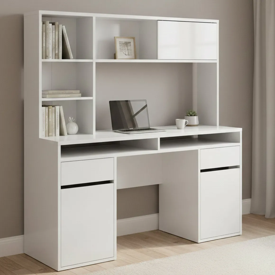 Scrivania lineare bianca lucida 149x48cm con libreria - Ambrenti