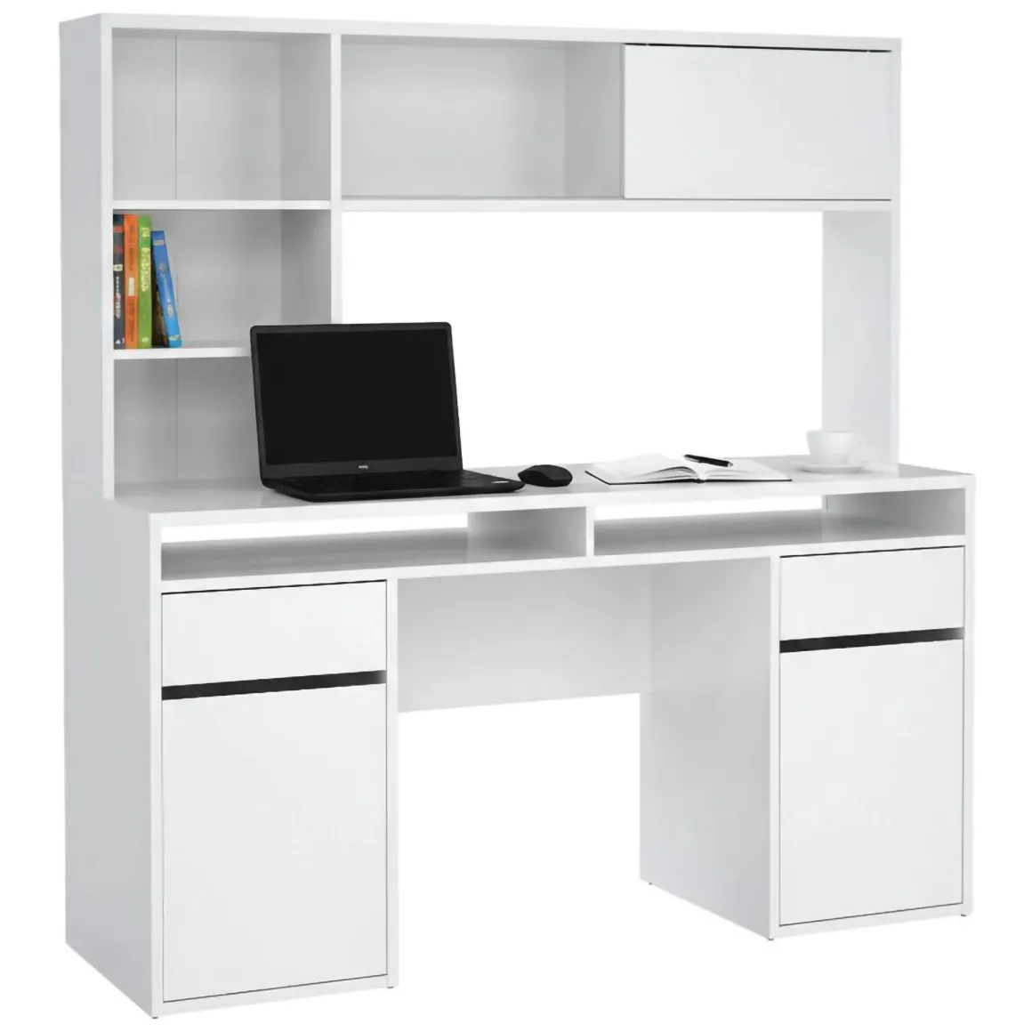 Scrivania lineare bianca lucida 149x48cm con libreria - Ambrenti