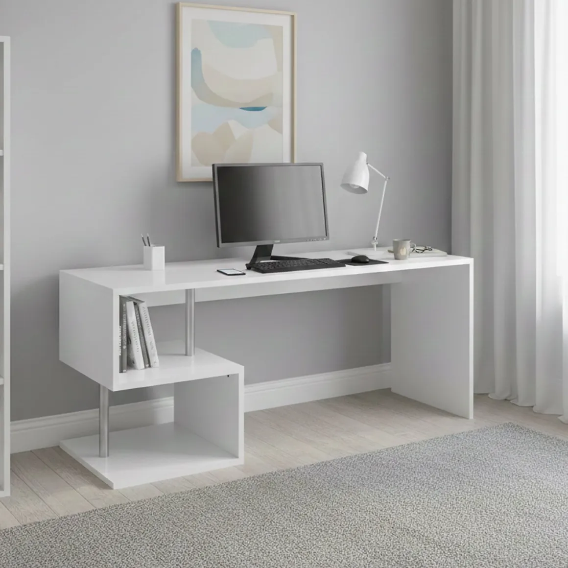Scrivania lineare bianca lucida 180x60cm con supporto pc - Poseidone