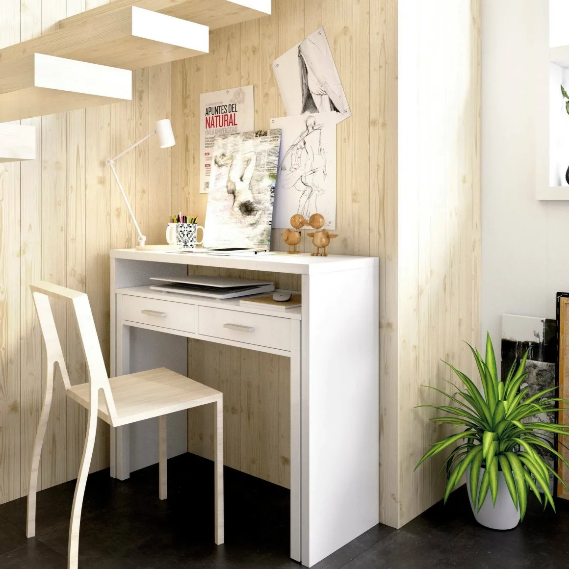 Scrivania lineare bianca lucida 99x70cm con 2 cassetti - Abarath