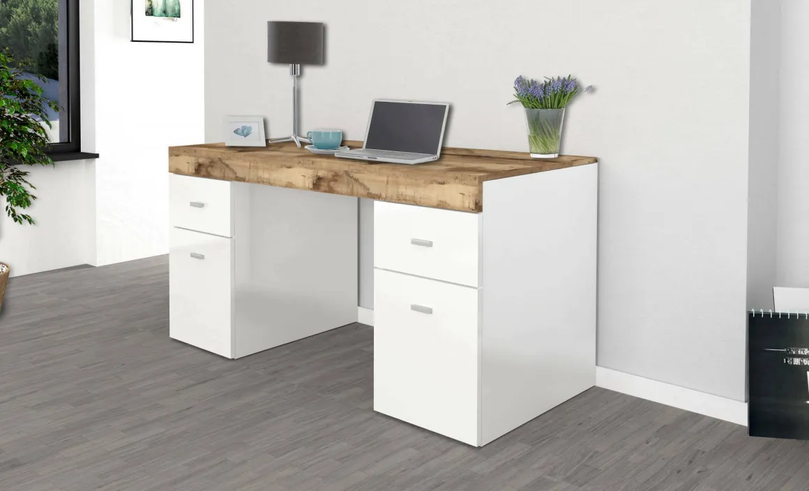 Scrivania lineare bianca lucida e acero 130x60cm con 1 cassetto - Aladdin