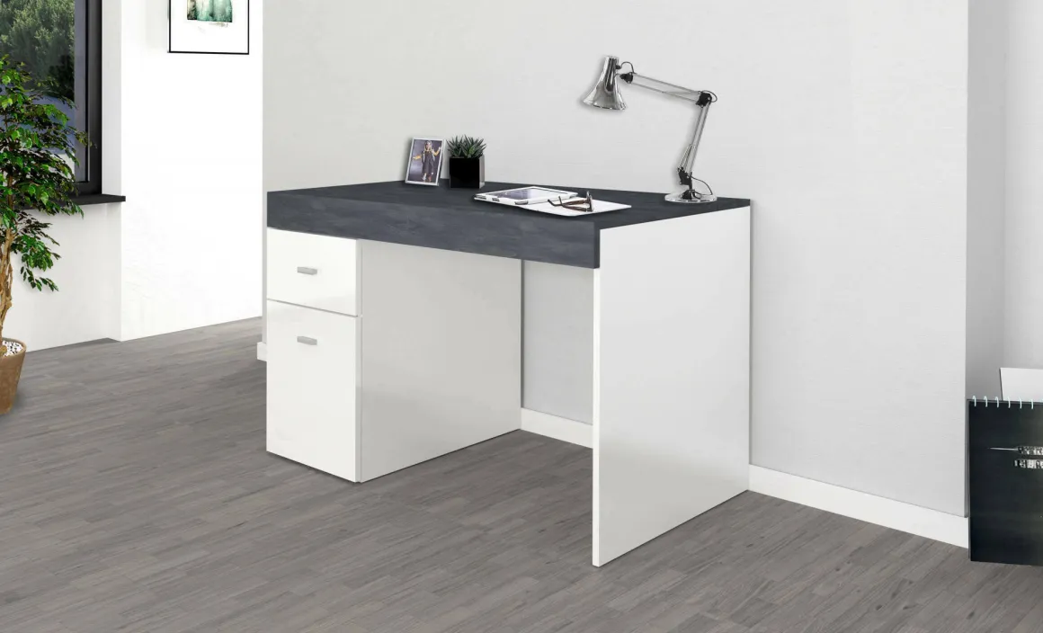 Ufficio|Camera Da Letto > Dmora Scrivania lineare bianca lucida e ardesia 110x50cm con supporto pc - Antioco Grigio Ardesia, Bianco Lucido