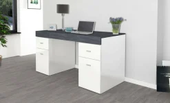 Scrivanie > Dmora Scrivania lineare bianca lucida e rovere 135x75cm con 3 cassetti - Hachette Marrone Rovere, Bianco Lucido