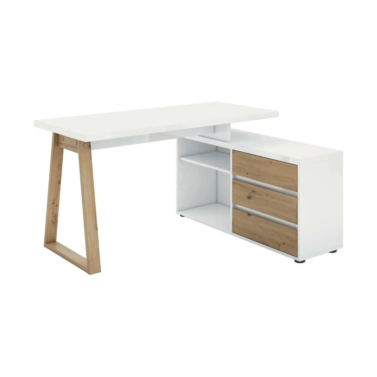 Scrivanie > Dmora Scrivania lineare bianca lucida e rovere 135x75cm con 3 cassetti - Hachette Marrone Rovere, Bianco Lucido