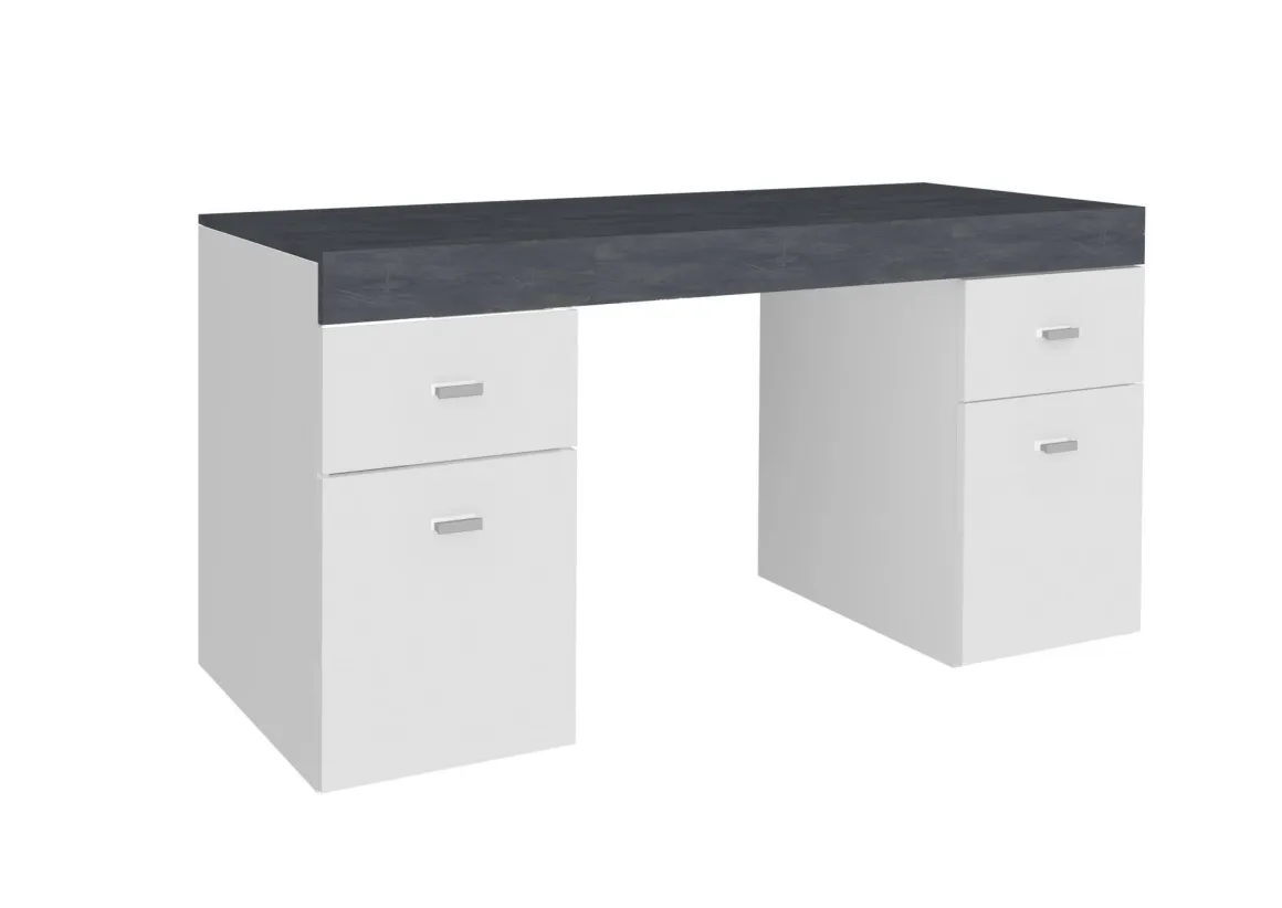 Scrivanie > Dmora Scrivania lineare bianca lucida e rovere 135x75cm con 3 cassetti - Hachette Marrone Rovere, Bianco Lucido