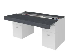 Scrivanie > Dmora Scrivania lineare bianca lucida e rovere 135x75cm con 3 cassetti - Hachette Marrone Rovere, Bianco Lucido