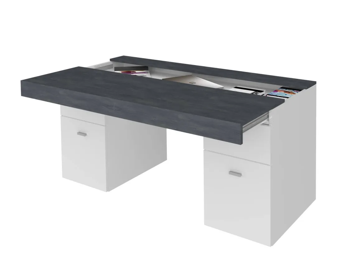 Scrivanie > Dmora Scrivania lineare bianca lucida e rovere 135x75cm con 3 cassetti - Hachette Marrone Rovere, Bianco Lucido