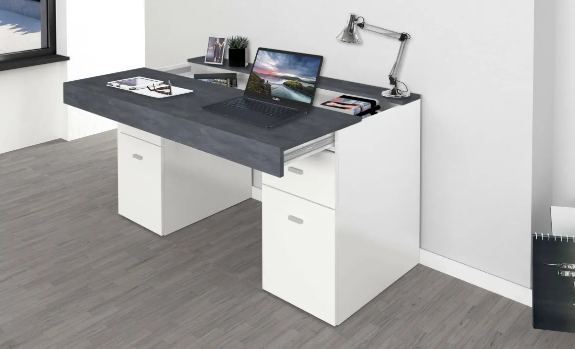 Scrivanie > Dmora Scrivania lineare bianca lucida e rovere 135x75cm con 3 cassetti - Hachette Marrone Rovere, Bianco Lucido
