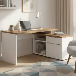 Scrivania lineare bianca lucida e rovere 140x120cm con 1 cassetto - Belpasso