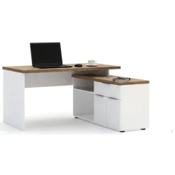 Scrivania lineare bianca lucida e rovere 140x120cm con 1 cassetto - Belpasso