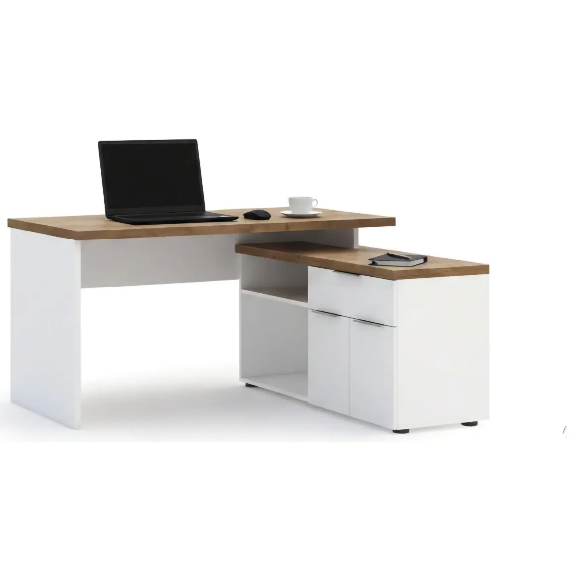 Scrivania lineare bianca lucida e rovere 140x120cm con 1 cassetto - Belpasso