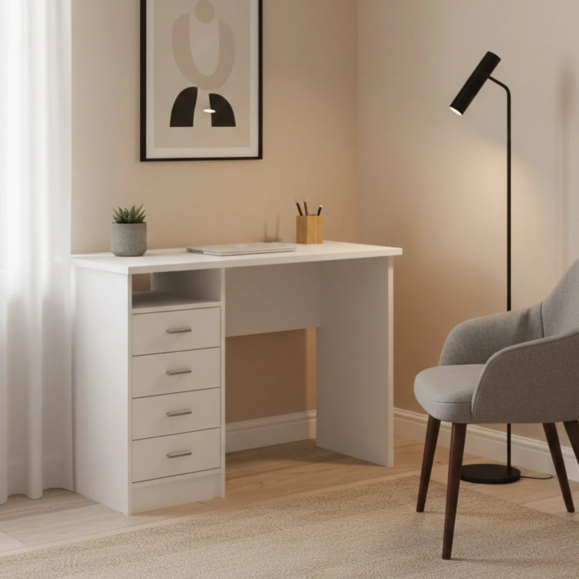Scrivania lineare bianca 110x45cm con 3 cassetti - Appollo