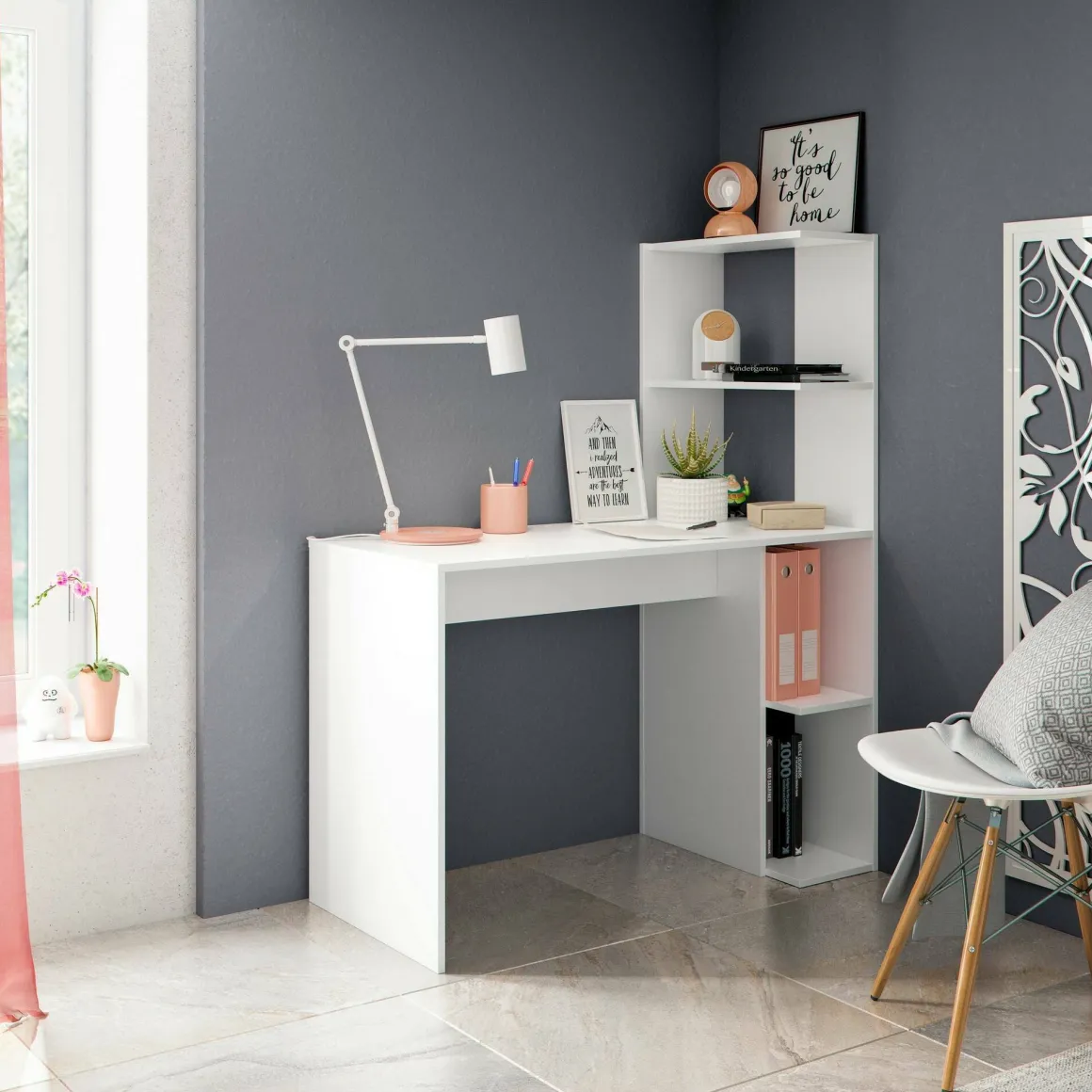 Scrivania lineare bianca 110x50cm con libreria - Abba