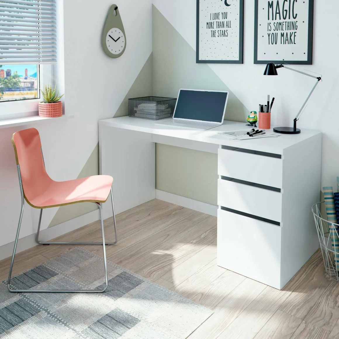 Scrivania lineare bianca 138x60cm con 3 cassetti - Alko