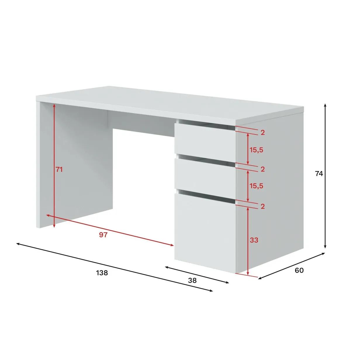 Scrivania lineare bianca 138x60cm con 3 cassetti - Alko